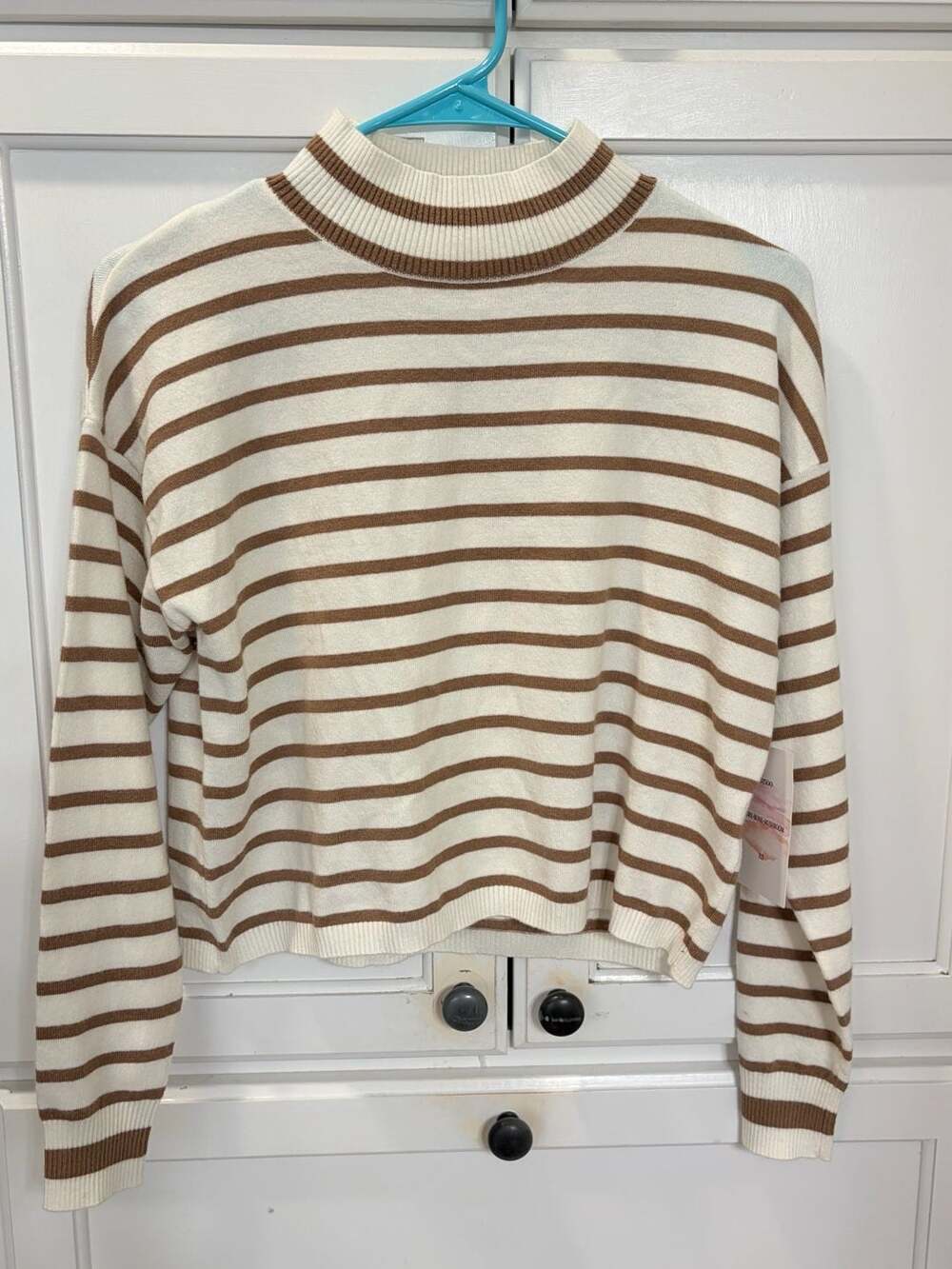 Hazel Moon Brown Mock Neck Striped Cropped Pullover Sweater Coastal XS